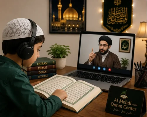 A young child reading the Quran during an online class with a Shia Quran teacher