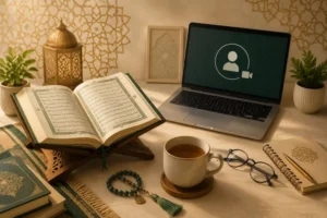 Adult beginner learning Quran online at home with laptop and open Quran - Shia Quran academy for adults