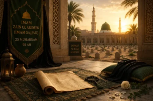 Featured illustration depicting the martyrdom of Imam Zain ul Abideen (Imam Sajjad a.s.), the Fourth Imam of Ahlul Bayt, with symbolic elements including the Sahifa Sajjadiya, prayer mat, and Jannat al-Baqi in Madinah