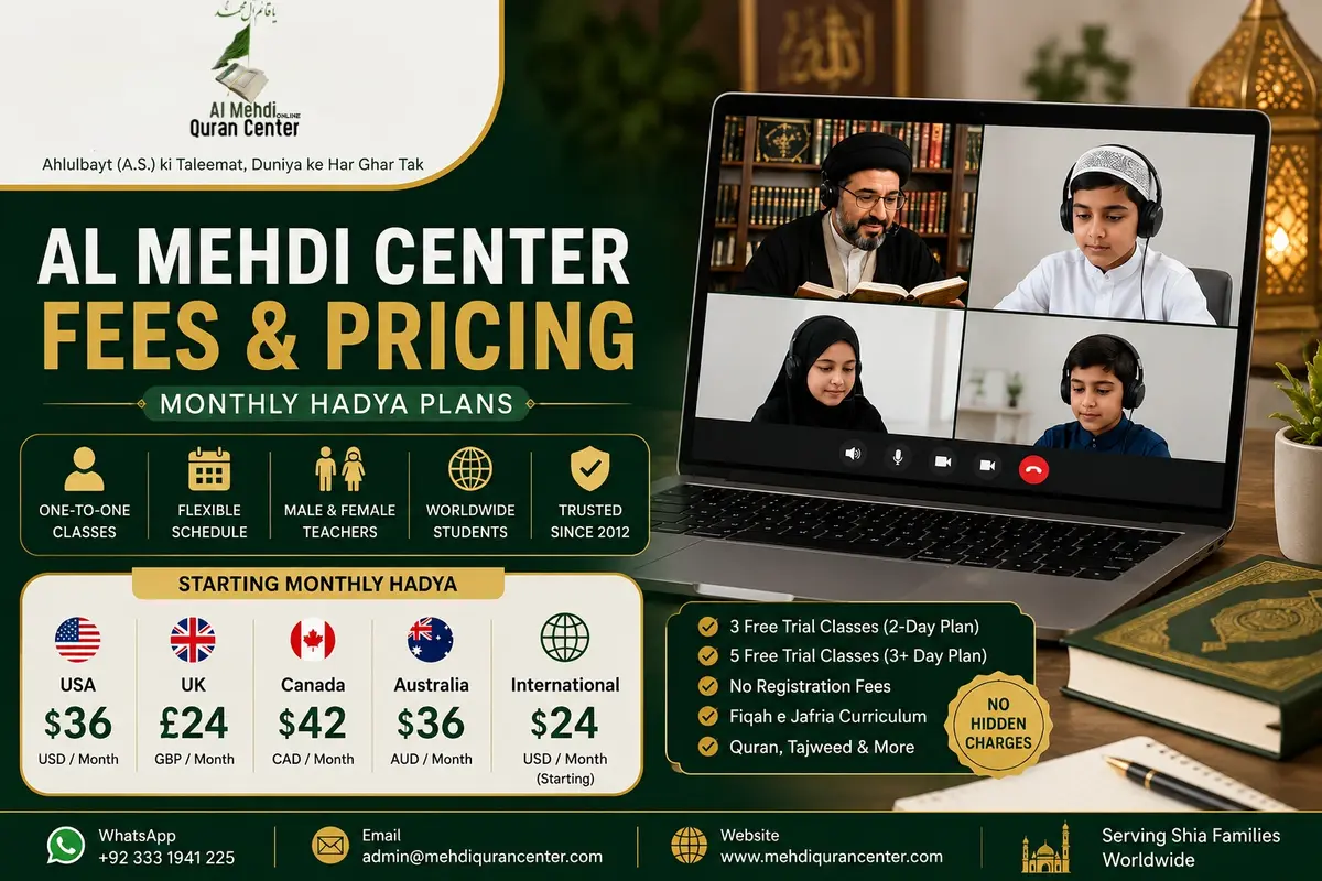 Al Mehdi Center Fee (Monthly Hadya) Shia Online Quran Teacher most affordable