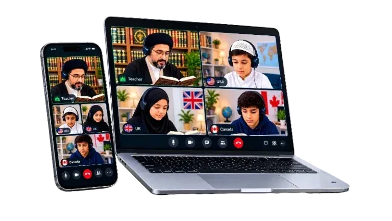 Al Mehdi Quran Center students from the USA, UK, and Canada attending online Quran classes with a qualified teacher on a laptop and mobile phone.