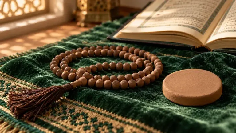 Turbah tasbih of Karbala clay beads on a green prayer cloth, used to recite the Tasbih of Fatima Zahra (AS) after Namaz
